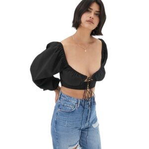 Lioness Long Sleeve Crop Blouse Women's Size‎ Medium Black Tie-Front Top Puff